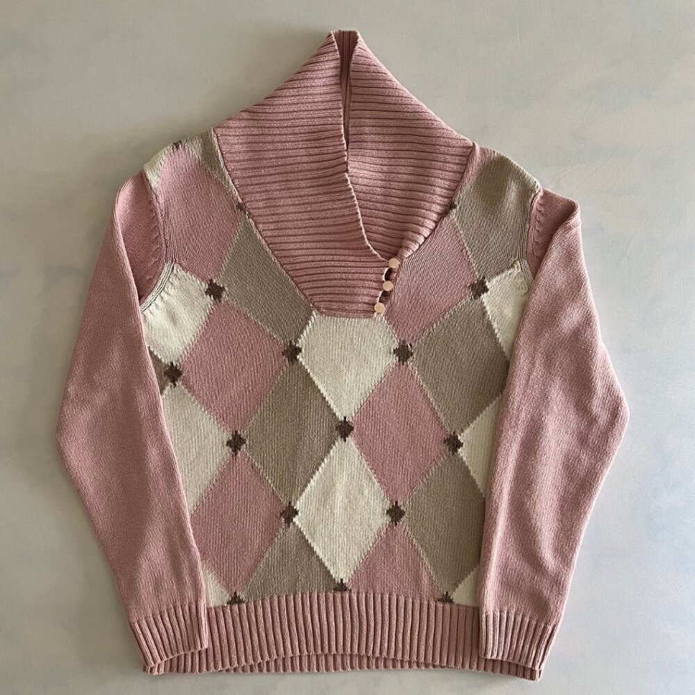 Liz Claiborne Petite Cotton Pink Diamond Checker Knit Sweater
